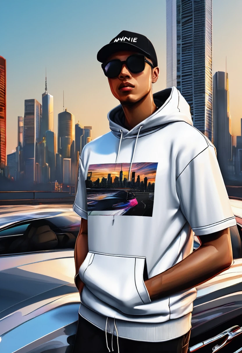 a man hemsem black wear hoodie colour white the name pop up the name in t shirt "AWIE" 3D and blackground with car skyline
