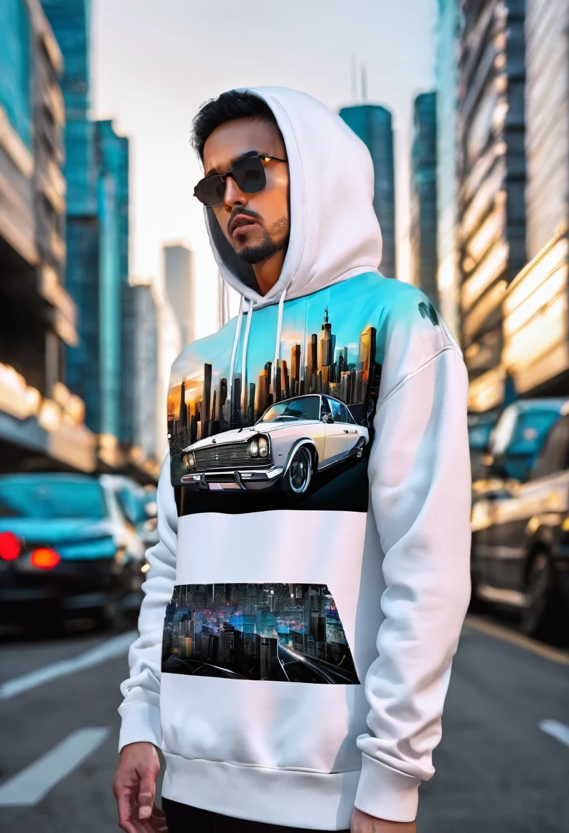 a man hemsem black wear hoodie colour white the name pop up the name in t shirt "AWIE" 3D and blackground with car skyline