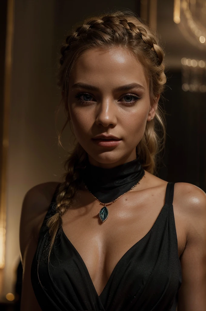 A beautiful blonde woman in an elegant pose, with brown/green eyes, blonde hair, golden necklace, Waterfall braid, in a nightclub, (best quality,4k,8k,highres,masterpiece:1.2),ultra-detailed,(realistic,photorealistic,photo-realistic:1.37),intricate details,high quality lighting,cinematic lighting,dramatic lighting,chiaroscuro lighting,moody lighting,glowing skin,flawless skin,detailed facial features,long eyelashes,full lips,expressive eyes,graceful posture,elegant black dress,shimmering dress,dramatic expression,cinematic composition,rich color palette, volumetric fog,depth of field