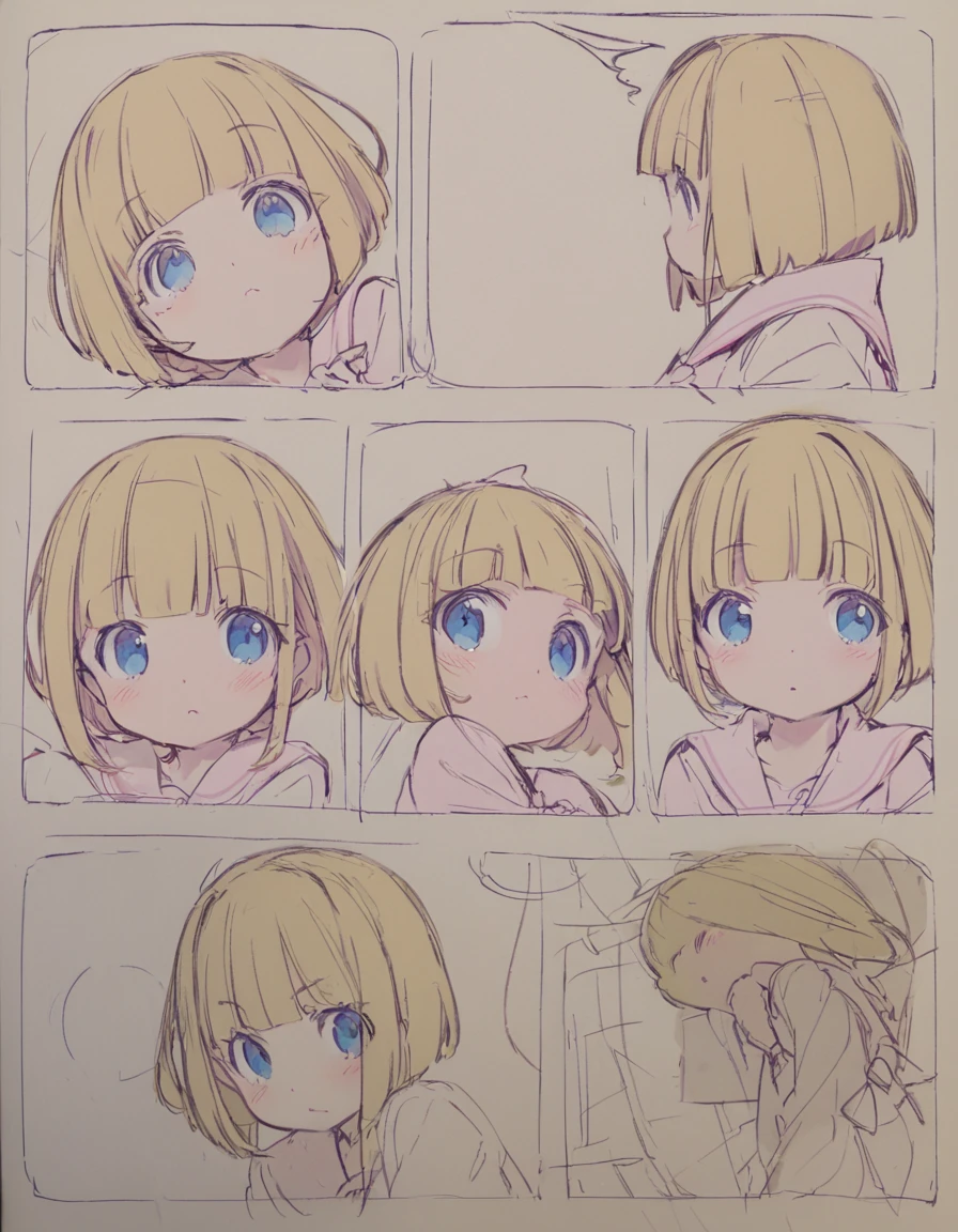  A girl from the magic school poses cutely in the center(Sketches), (Open Close), (Small body), (Pink Cheeks),Golden Hair, (Short Bob Hair:1.4), (Blue eyes)(Blunt bangs:1.3)
