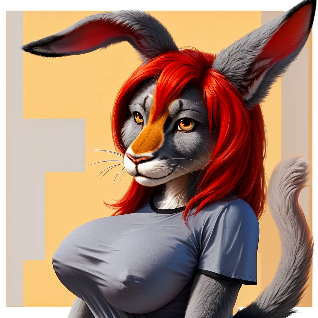 furry, female, anthro, hare-bobcat hybrid, (((light gray fur))), ((long rabbit ears)), ((feline snout)), ((golden brown eyes)), ((long crimson red hair)), (cat tail), realistic fur body, realistic hair, realistic eyes, tight red t-shirt, large E-cup size breasts, wojak