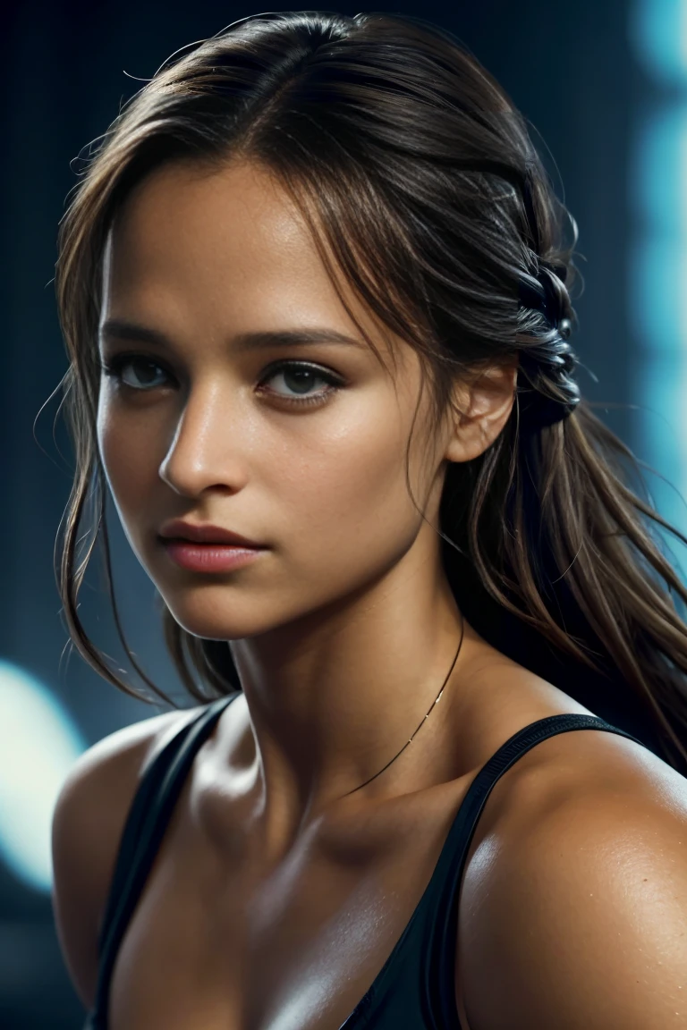 Alicia Vikander als Lara Croft, (uhd, 8k wallpaper, high resolution), cinematic lighting, award-winning, extremely detailed skin, particularly detailed face, photorealestic, highly detailed eyes, Carl Zeiss 85 mm F/1.4, bokeh, by Ellen von Unwerth