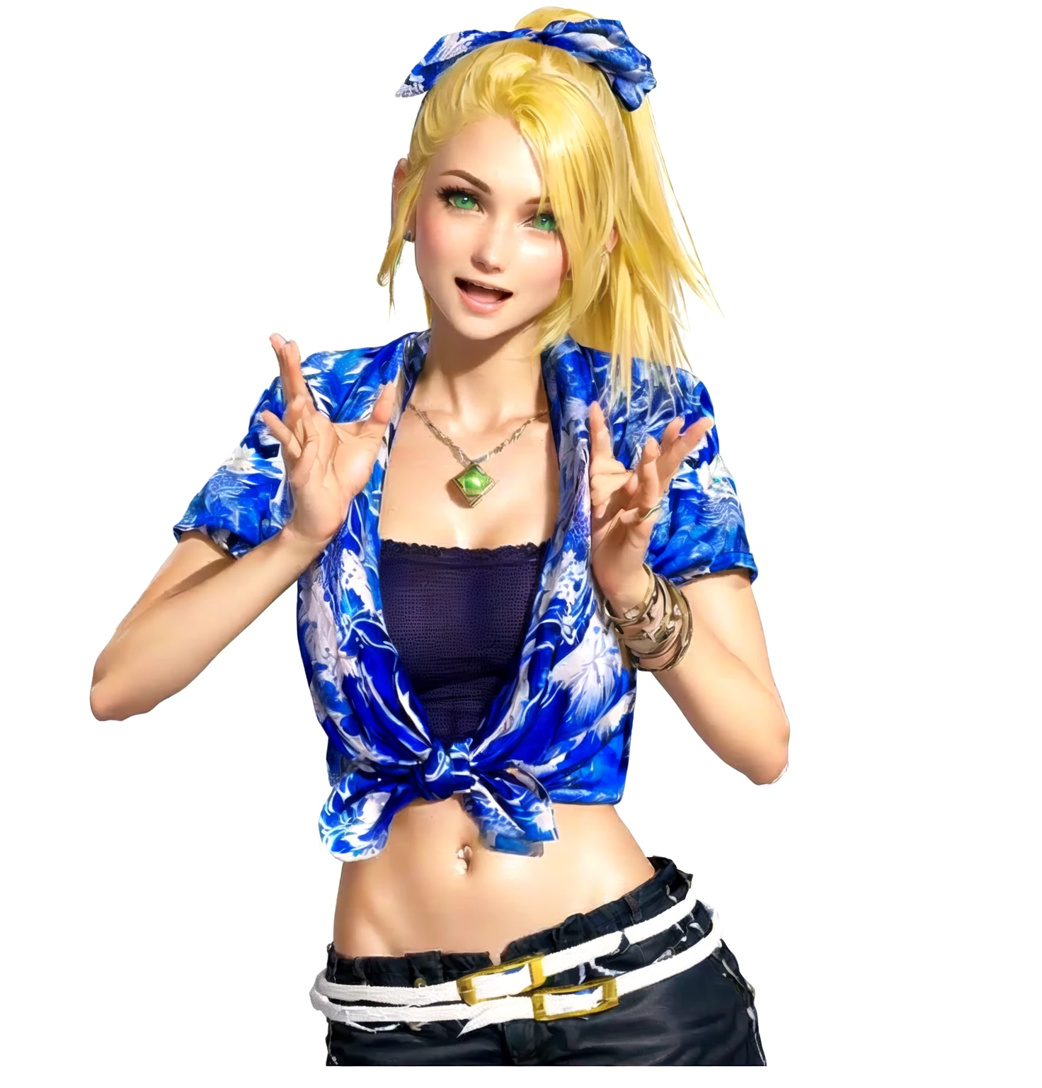 she's European, blonde hair, olive green eyes, (eyes turned to look at the camera), swedish, as a character in Out Run 2, of SEGA, 3D CG from the 2000s, Clarissa, 2k, 2 k, (( happy curious face)), realistic, render of april, fighting game character, nina from tekken, bright clean face, from devil may cry, hawaiian shirt, no bra, foulard tied on her head, ready to clap her hands, happy wide open eyes, open mouth as to shout "Bravo!",