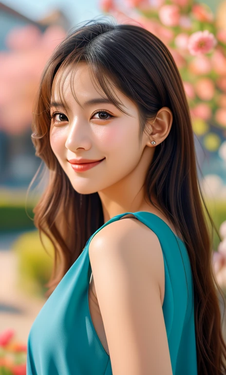 (a beautiful woman with long flowing hair, flowing blue dress sparkling in sunlight, bright warm eyes, gentle kind smile, standing in peaceful garden surrounded by blooming flowers, soft breeze, (best quality,4k,8k,highres,masterpiece:1.2),ultra-detailed,(realistic,photorealistic,photo-realistic:1.37),HDR,UHD,studio lighting,ultra-fine painting,sharp focus,physically-based rendering,extreme detail description,professional,vivid colors,bokeh,portrait,fantasy,warm colors)