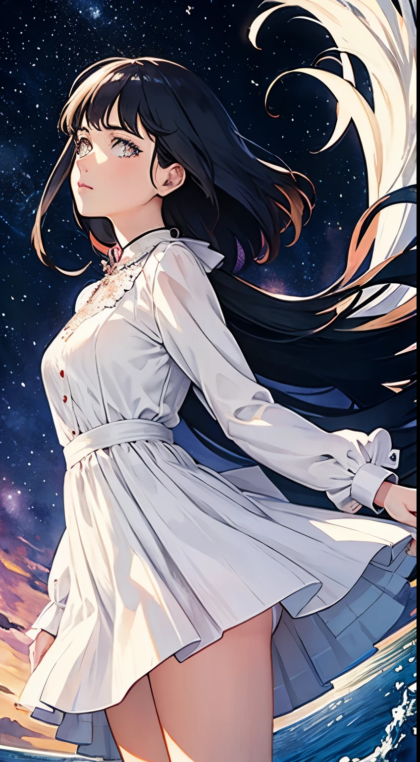 (masterpiece, top quality, best quality,watercolor (medium),official art, beautiful and aesthetic:1.2),(1girl:1.3), (fractal art:1.3), whole body, from 30-degrees angle, looking at viewer, patterns, silky hair ,water, liquid, cloud, short dress, starry, stars, sexy pose, red black and white, pastel colours