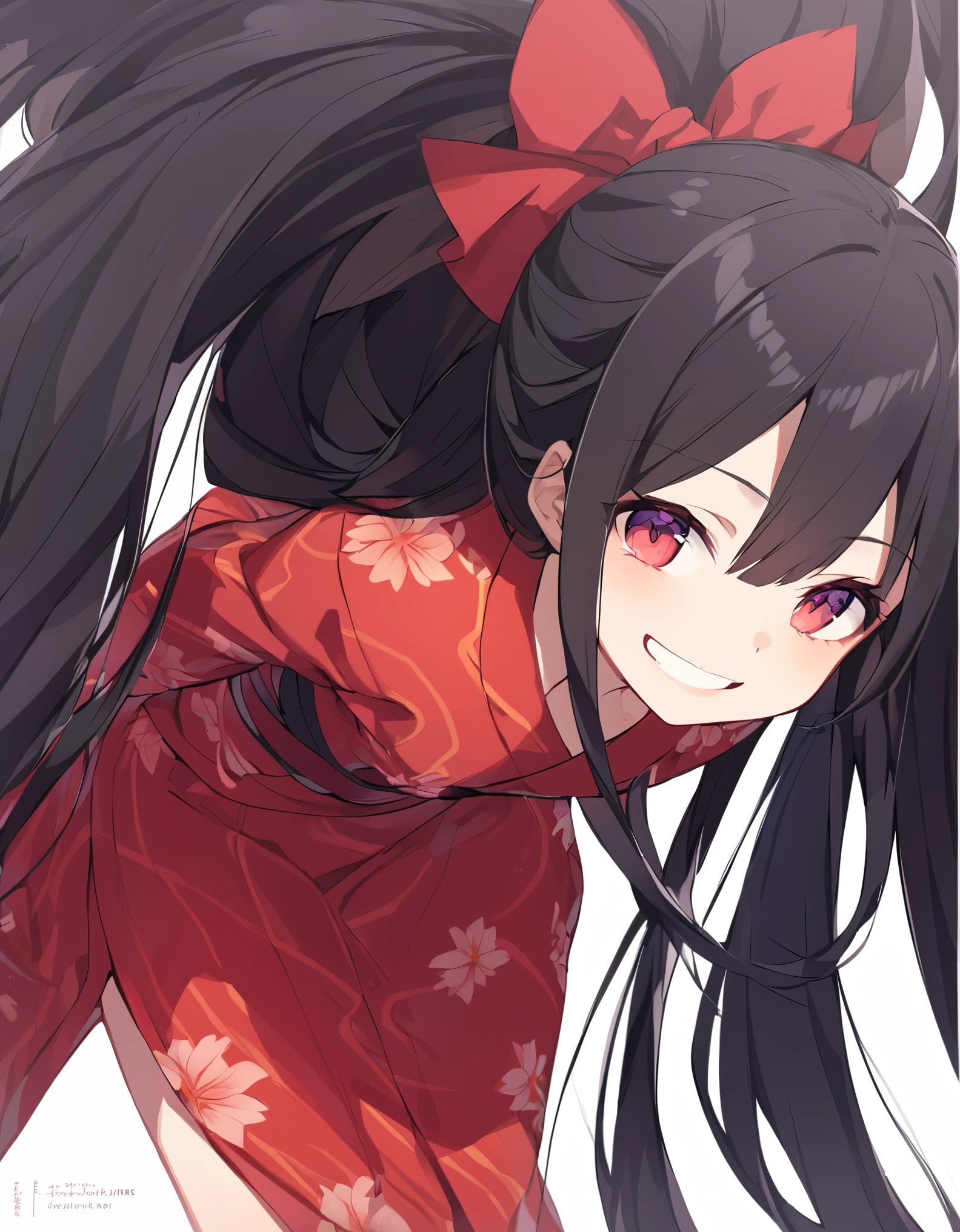Original Costume、1 girl、solo、Wicked Smile、Put your arms back、Looking at the camera、Leaning forward、She is wearing a skimpy red yukata.、Women with very long hair 28 years old Iris Red and black hair It's small Hair longer than height Accurate needle