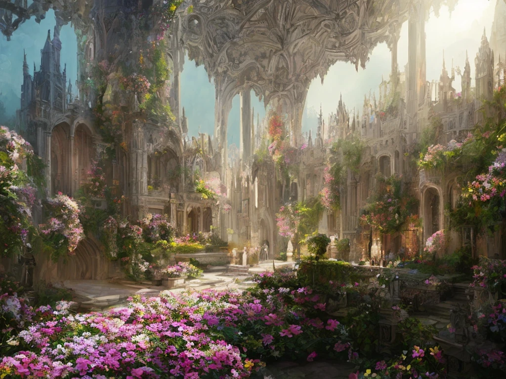 Castle interior with luxurious furniture and lots of flowers, intricate design, fine details, high chaos, soft sunlight, dreamy pastel colors, Johan Grenier style, Alyssa Monks style