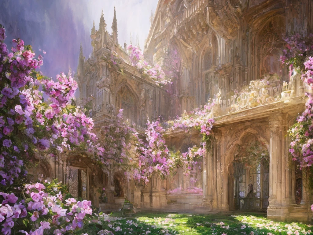 Castle interior with luxurious furniture and lots of flowers, intricate design, fine details, high chaos, soft sunlight, dreamy pastel colors, Johan Grenier style, Alyssa Monks style