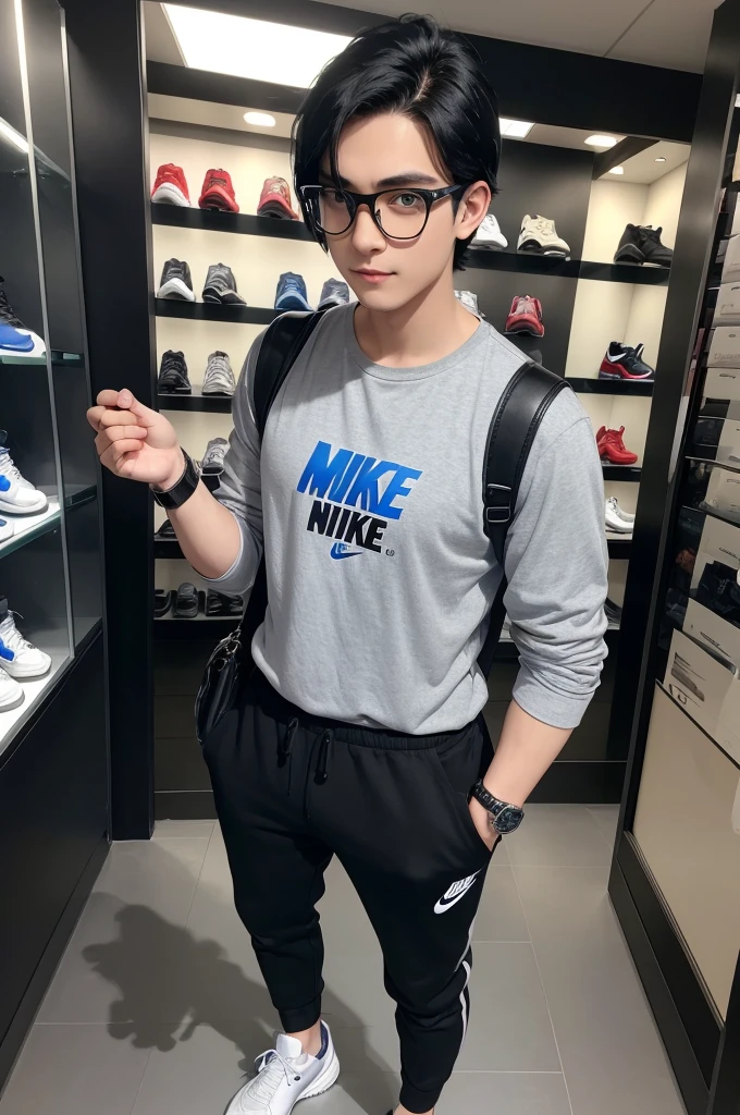 Boy straight black hair, blue eyes, happy, wearing gray shirt, wearing nike shoes, wearing gucci watch, wearing social pants, wears black glasses, in a clothing store human version