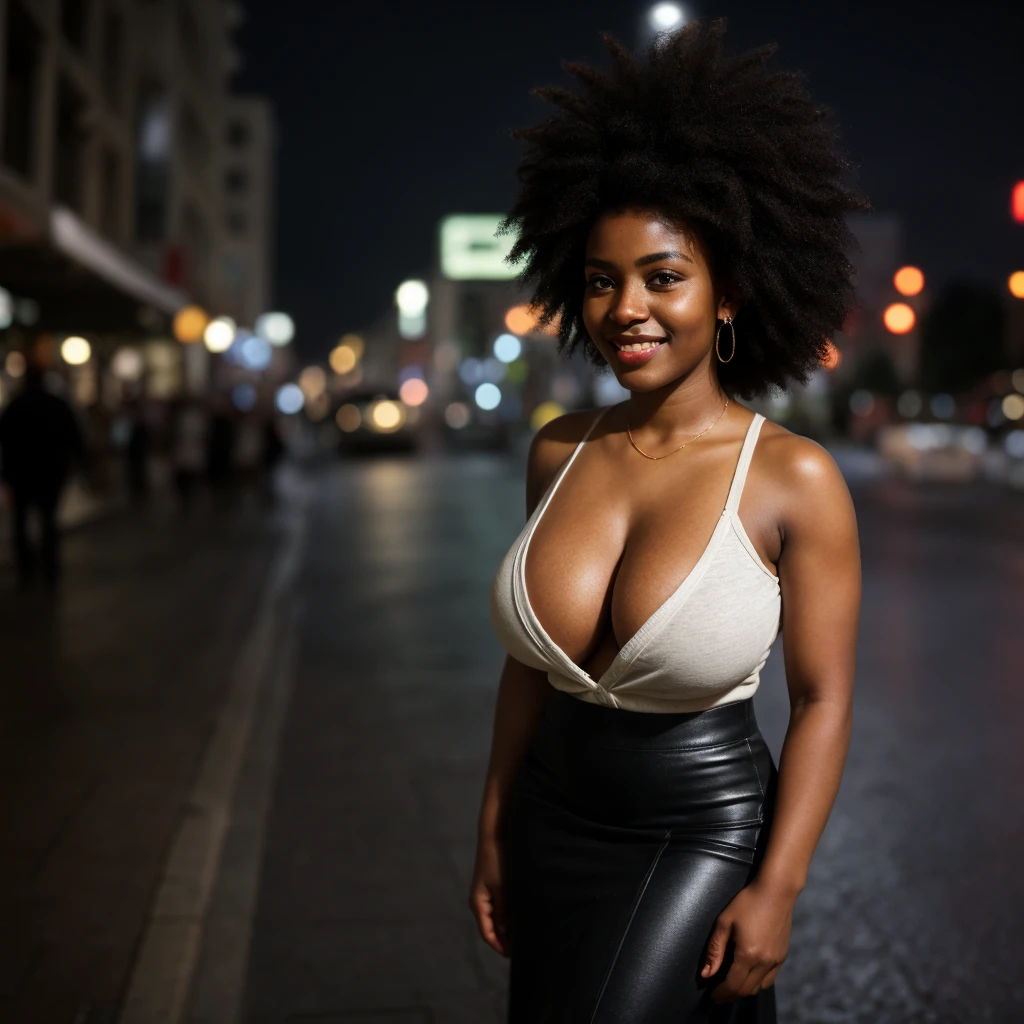 ((ONE GIRL)). best quality, ultra-detailed, hyper realistic, 8k, full body shot, 23 years old, Nigerian beautiful girl, round shaped face, dark black skin, highly detailed skin with blemishes, ebony, dark natural afro hair, fit athletic figure, full body, big natural E cup breasts, big butt, wide hips, under the rain, wearing a shirt, long skirt, cleavage, smiling, in the crowded city streets at night, city lights as background