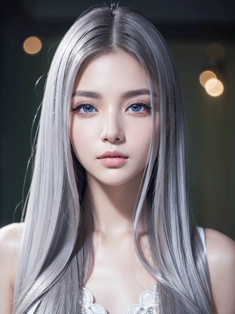 high resolution、high quality、Attention to detail、Beautiful eyes with slit length、Long eyelashes、Silver long hair、It's raining outside and I'm lost in thought、Sad face、Rough tank top、Looking Outside、窓には雨が打ちつけている