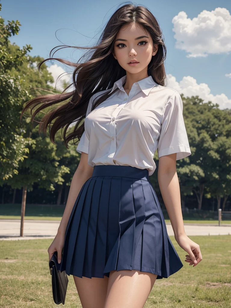 score_9, score_8, score_7, (extremely detailed CG:1.2), (masterpiece:1.2), (best quality:1.2), looking at viewer, full nude body, Adult woman 25 years old, (1girl), long hair blowing in wind, (mathayom uniform), (white shirt short sleeves), (navy_blue pleated skirt),  Nude topless, shirt open, breasts fully exposed. Skirt raised, pussy showing.