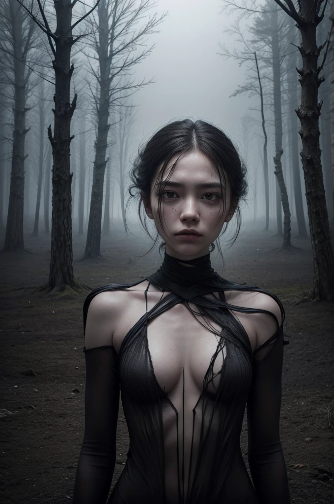 Dark atmosphere, ((translucent woman excluded from the shade of the tree))