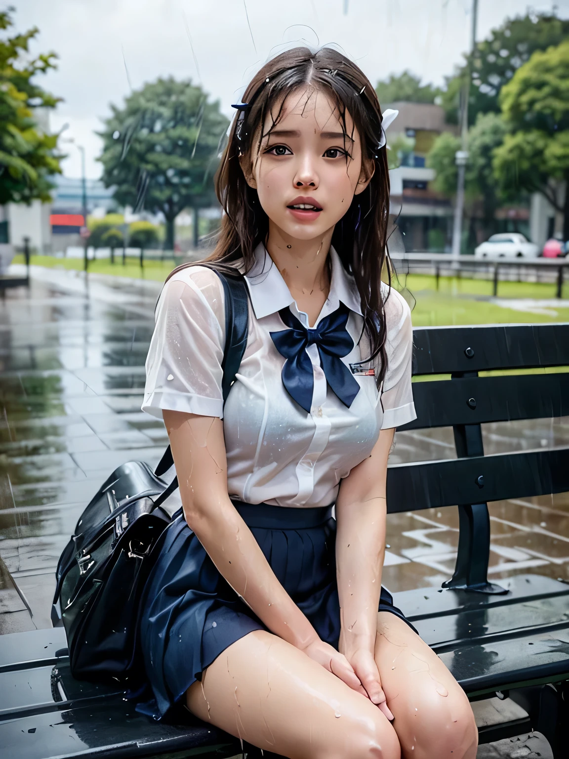 Very detailed CG Unity 8k wallpaper、Highest quality、Very detailed、masterpiece、reality、reality、((Park where it is raining:1.4))、Very detailedなかわいい女の子、16 years old、(Japan people in uniform)、((Photographed from the front:1.4))、((Shooting from a little below:1.4))、((Sitting on a park bench:1.4))、blush、Cleft lip、Looking at the audience、Semi Body Shot、(National High School Designated Shoes)、((Navy blue short pleated skirt:1.5))、((White short sleeve dress shirt for students:1.4))、((Navy blue panties:1.4))、((Dark blue bow tie:1.4))、(Long Hair Girl:1.7)、(Beautiful Face:1.3)、(perfect balance:1.2)、(Looking down and crying 1.2)、(Small breasts:1.3)、((Blouse wet in the rain:1.2))、(Bra is sheer)、(((Rain-soaked hair 1.2)))、((Upper Body))、reality、((School bag:1.4))、