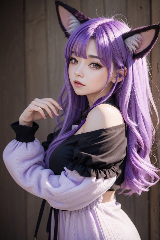 masterpiece, best quality, (realistic,photo-realistic:1.4), (RAW photo:1.2), extremely detailed CG unity 8k wallpaper, delicate and beautiful, amazing, finely detail, official art, absurdres, incredibly absurdres, huge filesize, ultra-detailed, extremely detailed, extremely detailkcaled girl,extremely detailed eyes and face, light on face,little smiles,hair between eyes,(purple hair:1.4),long hair,cat ears,windows,white hairclip