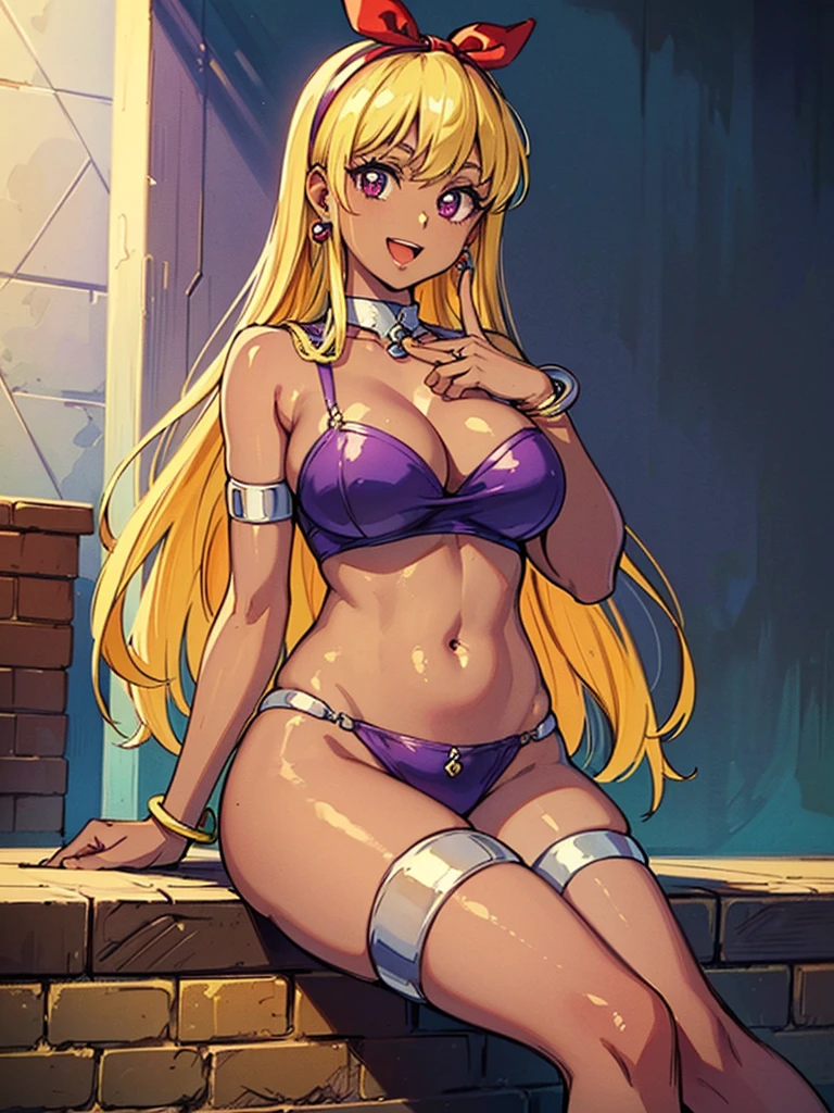 (red ribbon on hairband:1.2),(a sexy female character in a purple outfit and jewelry sits on a wall), 1girl, solo, jewelry, (manya (dq4)), (long hair), (Blonde hair), (dark-skinned female:1.3), (dark skin:1.3), bracelet, (purple eyes), (large breasts), (open mouth), (looking at viewer), (smile), earrings, navel, armlet, sitting, anklet, (masterpiece:2.0), (Create an image with vibrant and highly saturated colors, Increase the saturation and vibrancy of the skin tones), ((best quality)), (( ultra high res 8K)), ((resolution 8k)), ((wallpaper)), ((best light)), (((Illustration))), looking at viewer, (((retro art style))), (((perfect body))), (((perfect finger))), dunhuang, dunhuang_face