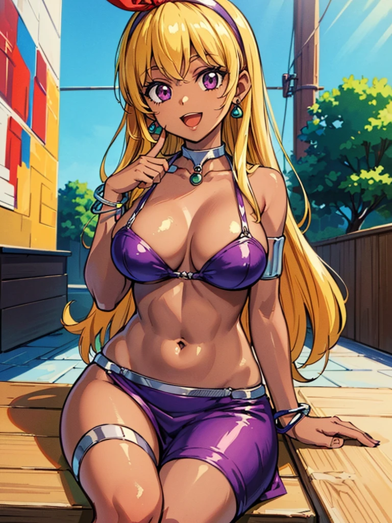 (red ribbon on hairband:1.2),(a sexy female character in a purple outfit and jewelry sits on a wall), 1girl, solo, jewelry, (manya (dq4)), (long hair), (Blonde hair), (dark-skinned female:1.3), (dark skin:1.3), bracelet, (purple eyes), (large breasts), (open mouth), (looking at viewer), (smile), earrings, navel, armlet, sitting, anklet, (masterpiece:2.0), (Create an image with vibrant and highly saturated colors, Increase the saturation and vibrancy of the skin tones), ((best quality)), (( ultra high res 8K)), ((resolution 8k)), ((wallpaper)), ((best light)), (((Illustration))), looking at viewer, (((retro art style))), (((perfect body))), (((perfect finger))), dunhuang, dunhuang_face