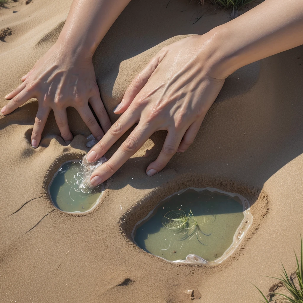 close-up hands protecting the image of a crystal clear spring emerging from the sandy soil of the Cerrado, surrounded by typical vegetation such as grasses and low shrubs, With the blue sky in the background.