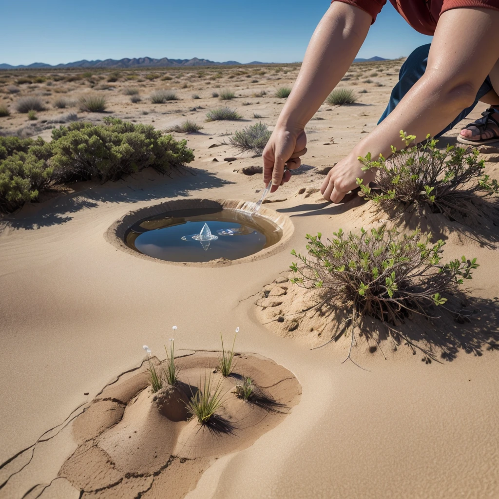 close-up hands protecting the image of a crystal clear spring emerging from the sandy soil of the Cerrado, surrounded by typical vegetation such as grasses and low shrubs, With the blue sky in the background.