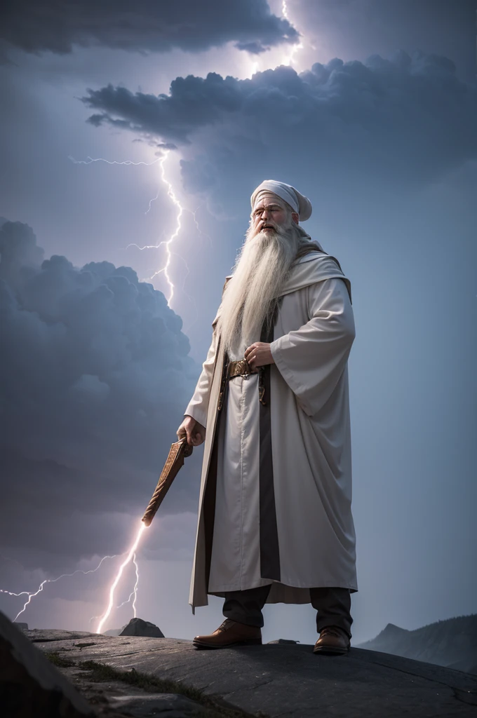 A white-bearded wizard in the middle of a lightning storm