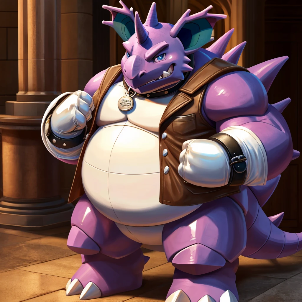 Solo, Male, fat, extremely obese, gentleman, dapper Professor Nidoking, blue eyes, (posing:1.3), (soft shading), 4k, hi res, ((detailed face, detailed)), looking at viewer, evil grin, steampunk, collared shirt with buttons, top hat, male focus, Explorer Outfit, glasses, monocle, bag, vest with buttons, backpack, sleeves rolled up, round eyewear, brown headwear, brown vest, Nidoking is wearing a glossy leather dog collar around the neck, Nidoking is wearing the leather collar and shirt and vest at the same time, Nidoking is wearing glossy white rubber gloves on the hands, wearing white rubber gloves on the feet, Nidoking is wearing glossy white cuffs around the wrists with cufflinks, gloves are rubber in texture, clenching teeth, clenching fists, leather collar is glossy and shiny with a lot of detail, Nidoking is wearing gloves and cuffs and cufflinks at the same time, leather collar has a round dog-tag, leather collar is thick and detailed.