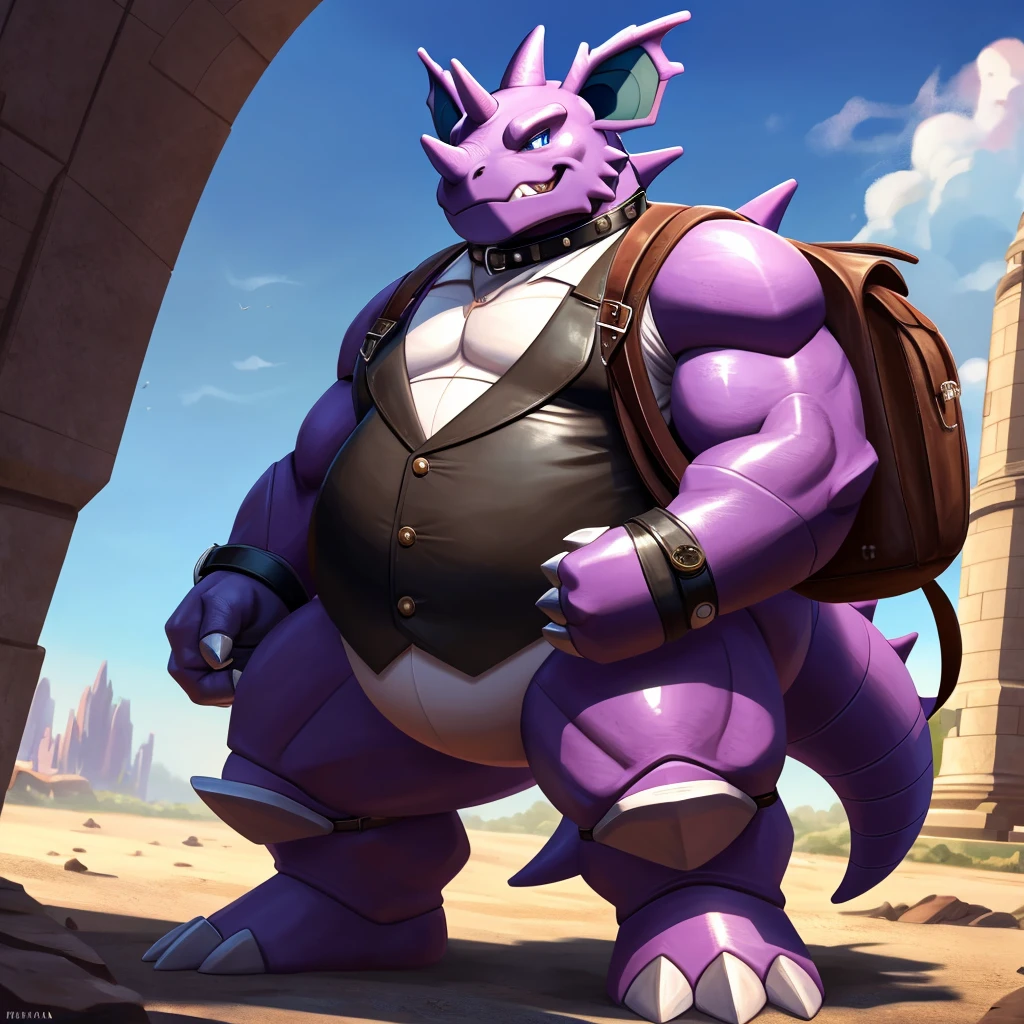 Solo, Male, fat, extremely obese, gentleman, dapper Professor Nidoking, blue eyes, (posing:1.3), (soft shading), 4k, hi res, ((detailed face, detailed)), looking at viewer, evil grin, steampunk, collared shirt with buttons, top hat, male focus, Explorer Outfit, glasses, monocle, bag, vest with buttons, backpack, sleeves rolled up, round eyewear, brown headwear, brown vest, Nidoking is wearing a glossy leather dog collar around the neck, Nidoking is wearing the leather collar and shirt and vest at the same time, Nidoking is wearing glossy white rubber gloves on the hands, wearing white rubber gloves on the feet, Nidoking is wearing glossy white cuffs around the wrists with cufflinks, gloves are rubber in texture, clenching teeth, clenching fists, leather collar is glossy and shiny with a lot of detail, Nidoking is wearing gloves and cuffs and cufflinks at the same time, leather collar has a round dog-tag, leather collar is thick and detailed.
