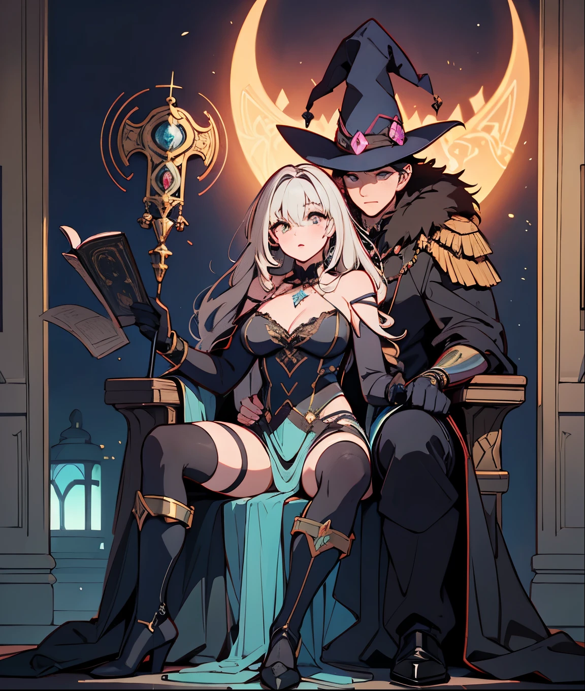 depicts a modern-day witch who has embraced the world of cybernetics to enhance her magical abilities. The artwork should convey the enchanting blend of traditional witchcraft and futuristic technology. Here are some specific elements to include: The Witch's Lair: The setting should be a cozy yet slightly eerie room, filled with magical books, crystal balls, potion ingredients, and antique furnishings. The room should be dimly lit by candles and a soft, mystical glow emanating from her cybernetic enhancements. The Cyborg Witch: The central focus of the artwork is the witch herself. She's a striking figure with a mix of traditional witch attire and cybernetic enhancements. Her clothing should have a witchy, occult aesthetic, with flowing robes, a pointed hat, and an intricate pentagram necklace. Her arms, however, have been upgraded with cybernetic components that incorporate magical symbols and glowing runes. Magical Interface: The witch is in the midst of casting a spell, with a holographic, touch-screen interface floating before her. This interface includes spell incantations, arcane symbols, and digital components, demonstrating her fusion of magic and technology. Spell Ingredients: On a nearby table, there should be a collection of spell ingredients, like herbs, potions, and magical artifacts. Some of these items may have been modified with cybernetic enhancements, blurring the line between the natural and the technological. Familiar: The witch's familiar, perhaps a cat or raven, should be present in the scene, serving as her magical companion. The familiar could also have subtle cybernetic enhancements or glowing eyes. Glowing Runes: The room should be adorned with ancient symbols and glowing runes on the walls and floor, contributing to the magical atmosphere. Aetherial Lighting: Use a combination of mystical, ethereal lighting and cybernetic glows to create a captivating interplay of light and shadow. The contrast between the tradit