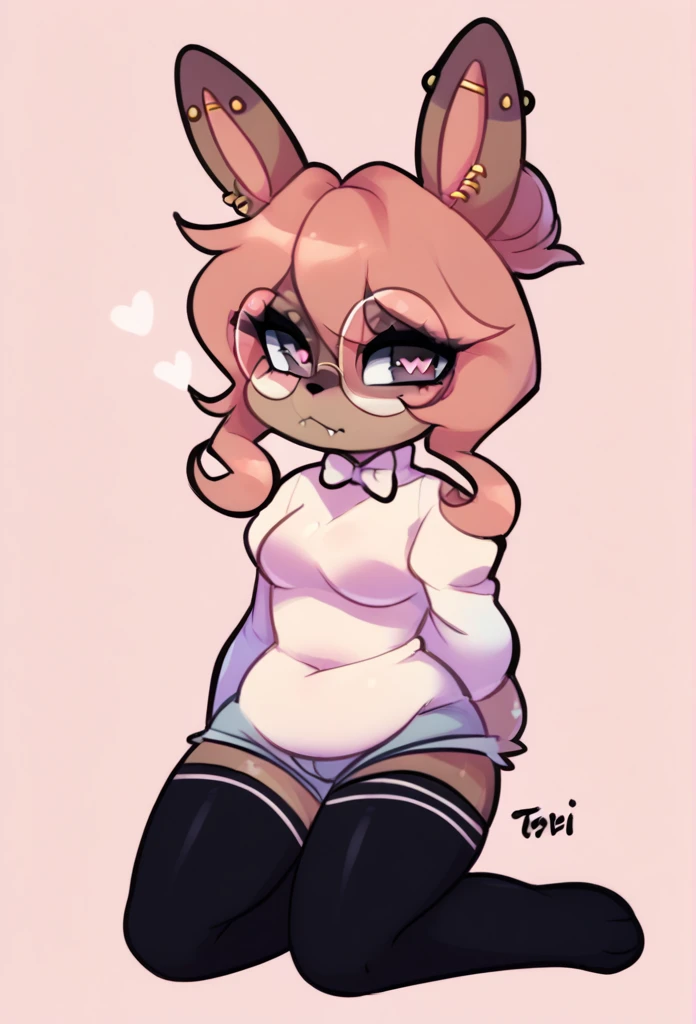 Hazel Typh, 1girl, best quality, furry, brown fur, pink hair, animal ears, gold piercing, heart-shaped pupils, animal nose, pink eyes, hair bun, tail, smile, fangs, open mouth, white shirt, short black panties, sketch, sexy big ass, back view 