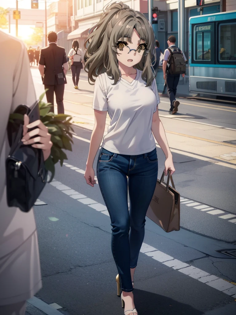 Riofutaba, Rio Futaba, Long Hair, Brown Hair, (Brown eyes:1.5), Glasses,Big Breasts,smile,Open your mouth,Cold shoulder tops,Short sleeve,skinny pants,Stiletto heels,Business Back,Walking,morning,morning陽,The sun is rising,whole bodyがイラストに入るように,
break outdoors, station,
break looking at viewer, whole body,
break (masterpiece:1.2), Highest quality, High resolution, unity 8k wallpaper, (figure:0.8), (Beautiful attention to detail:1.6), Highly detailed face, Perfect lighting, Highly detailed CG, (Perfect hands, Perfect Anatomy),