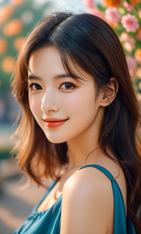 (a beautiful woman with long flowing hair, flowing blue dress sparkling in sunlight, bright warm eyes, gentle kind smile, ample round bosom, standing in peaceful garden surrounded by blooming flowers, soft breeze, (best quality,4k,8k,highres,masterpiece:1.2),ultra-detailed,(realistic,photorealistic,photo-realistic:1.37),HDR,UHD,studio lighting,ultra-fine painting,sharp focus,physically-based rendering,extreme detail description,professional,vivid colors,bokeh,portrait,fantasy,warm colors)
