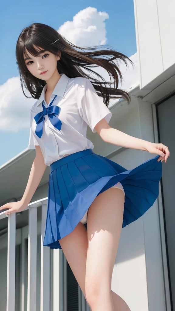 女の子 in a blue skirt and white shirt standing on a roof, Beautiful school girl, (Hair blowing in the wind:1.3), (The wind is blowing my skirt:1.2, Panty shot:1.3), Slender body line, Small and slender figure, (Beautiful breasts), Small beautiful butt, Alluring thighs, Cute girl visuals, Beautiful eyes in every detail, double eyelid, Beautiful long lashes, Captivating Lips, Beautiful small face, high nose, Kantai Collection Style, ( beautiful girl, Baby Face, ), Yukina Himeragi, Attractive girl, Smooth CG art, Moe art style, Best Girl, Young girl, (Detailed eyes and face:1.3, Professional photography techniques), (Highest quality, 8K, masterpiece:1.2, RAW Photos), Gaze at the viewer, blush, (Photorealism:1.4), (Detailed hands and legs:1.2)