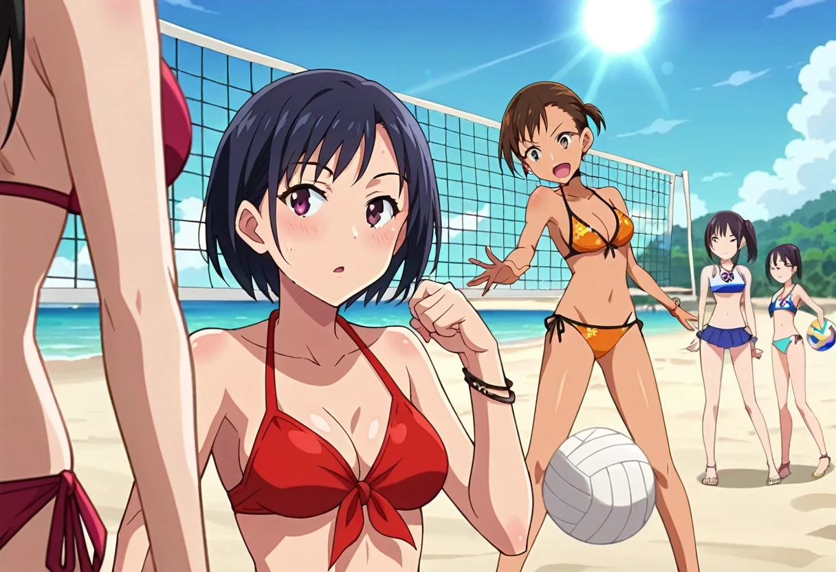 score_9, score_8_up, score_7_up, score_6_up, BREAK source anime, (A group of girls playing volleyball on the beach:1.2), volleyball net and mesh, 4girls, girls in bikini, very beautiful and detailed face, anime screencap, the background is a daytime beach