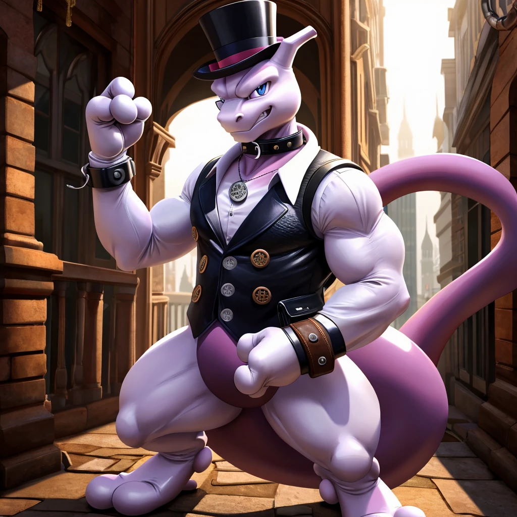 Solo, Male, fat, extremely obese, gentleman, dapper Professor Mewtwo, blue eyes, (posing:1.3), (soft shading), 4k, hi res, ((detailed face, detailed)), looking at viewer, evil grin, steampunk, collared shirt with buttons, top hat, male focus, Explorer Outfit, glasses, monocle, bag, vest with buttons, backpack, sleeves rolled up, round eyewear, brown headwear, brown vest, Mewtwo is wearing a glossy leather dog collar around the neck, Mewtwo is wearing the leather collar and shirt and vest at the same time, Mewtwo is wearing glossy white rubber gloves on the hands, wearing white rubber gloves on the feet, Mewtwo is wearing glossy white cuffs around the wrists with cufflinks, gloves are rubber in texture, clenching teeth, clenching fists, leather collar is glossy and shiny with a lot of detail, Mewtwo is wearing gloves and cuffs and cufflinks at the same time, leather collar has a round dog-tag, leather collar is thick and detailed.