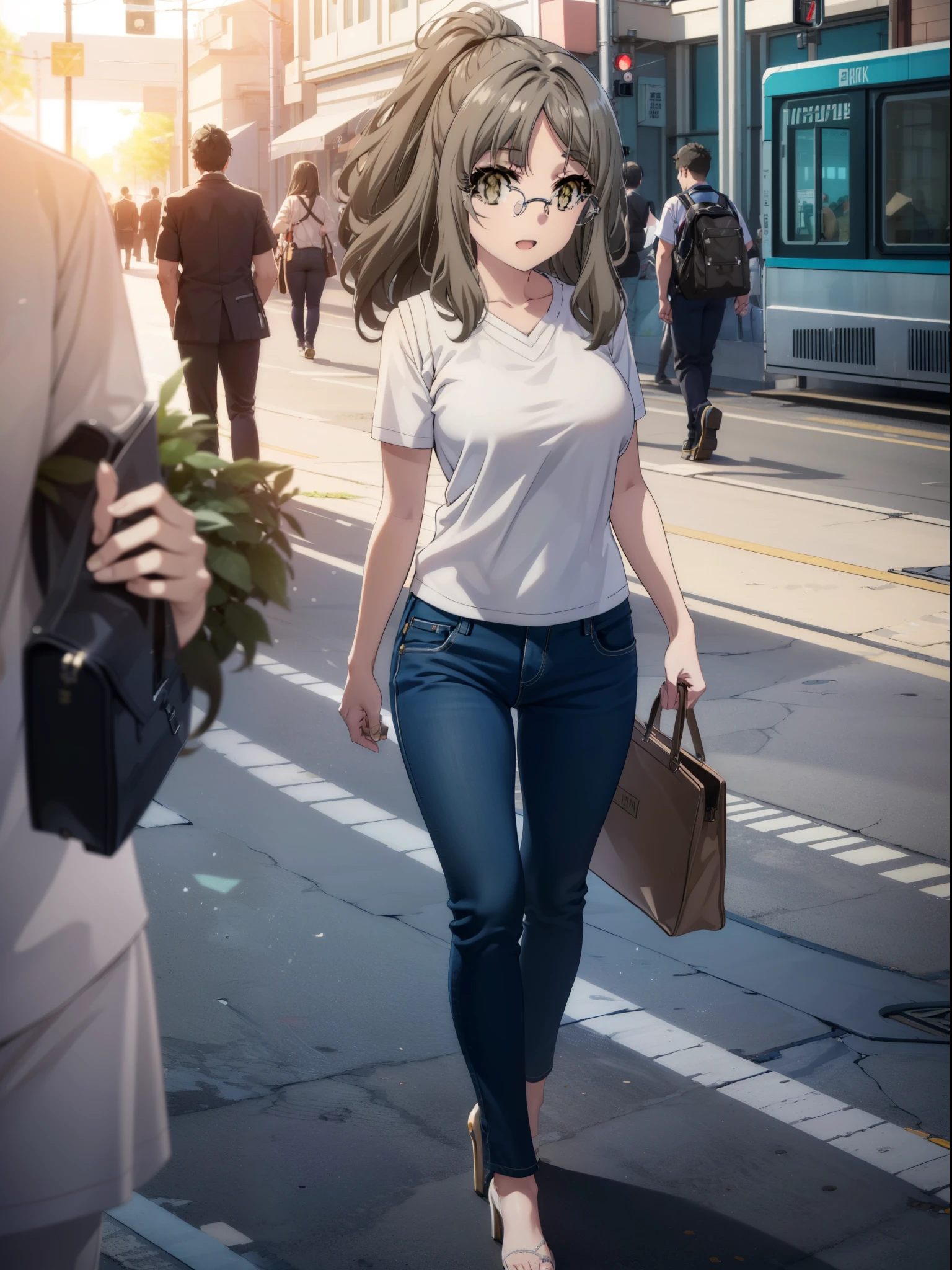 Riofutaba, Rio Futaba, Long Hair, Brown Hair, (Brown eyes:1.5), Glasses,Big Breasts,smile,Open your mouth,Cold shoulder tops,Short sleeve,skinny pants,Stiletto heels,Business Back,Walking,morning,morning陽,The sun is rising,whole bodyがイラストに入るように,
break outdoors, station,
break looking at viewer, whole body,
break (masterpiece:1.2), Highest quality, High resolution, unity 8k wallpaper, (figure:0.8), (Beautiful attention to detail:1.6), Highly detailed face, Perfect lighting, Highly detailed CG, (Perfect hands, Perfect Anatomy),