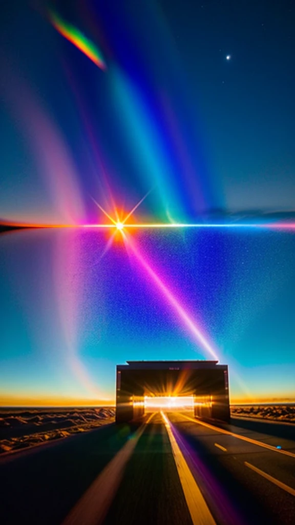 Space-time continuum dissolves as Delorean Volver al futuro, towards its spectral reflection on an playas hermosa de color azul, dia soleado, the cosmos enfolds in a spectacle of iridescent photons, a fusion of Reuben Wu's celestial grandeur and Yayoi Kusama's psychedelic wonder, as a radiant sunset unfurls upon the horizon's edge. (Medium complexity), 