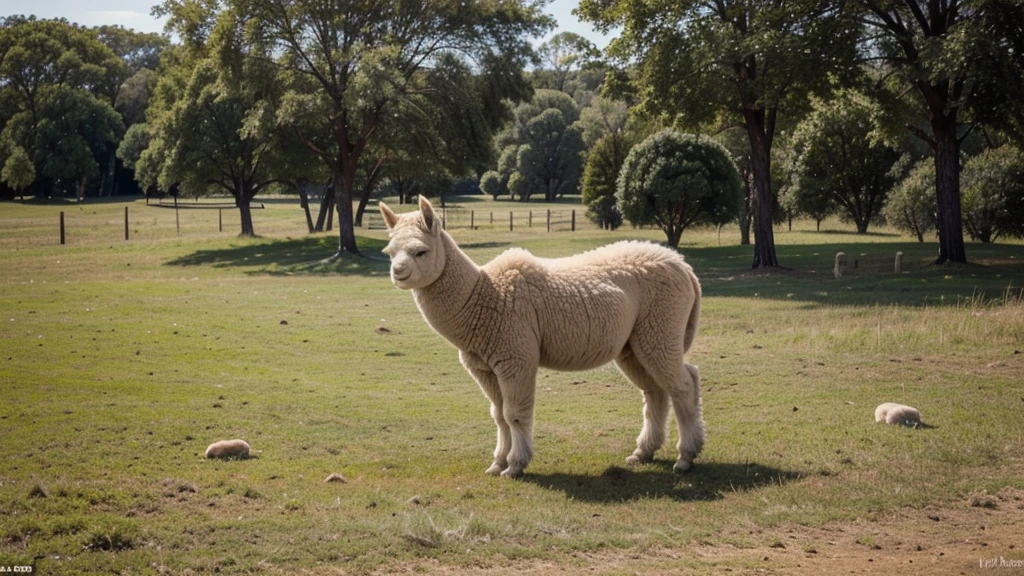 Happy alpaca in the wilderness, the image must be horizontal and cover the entire frame eating grass