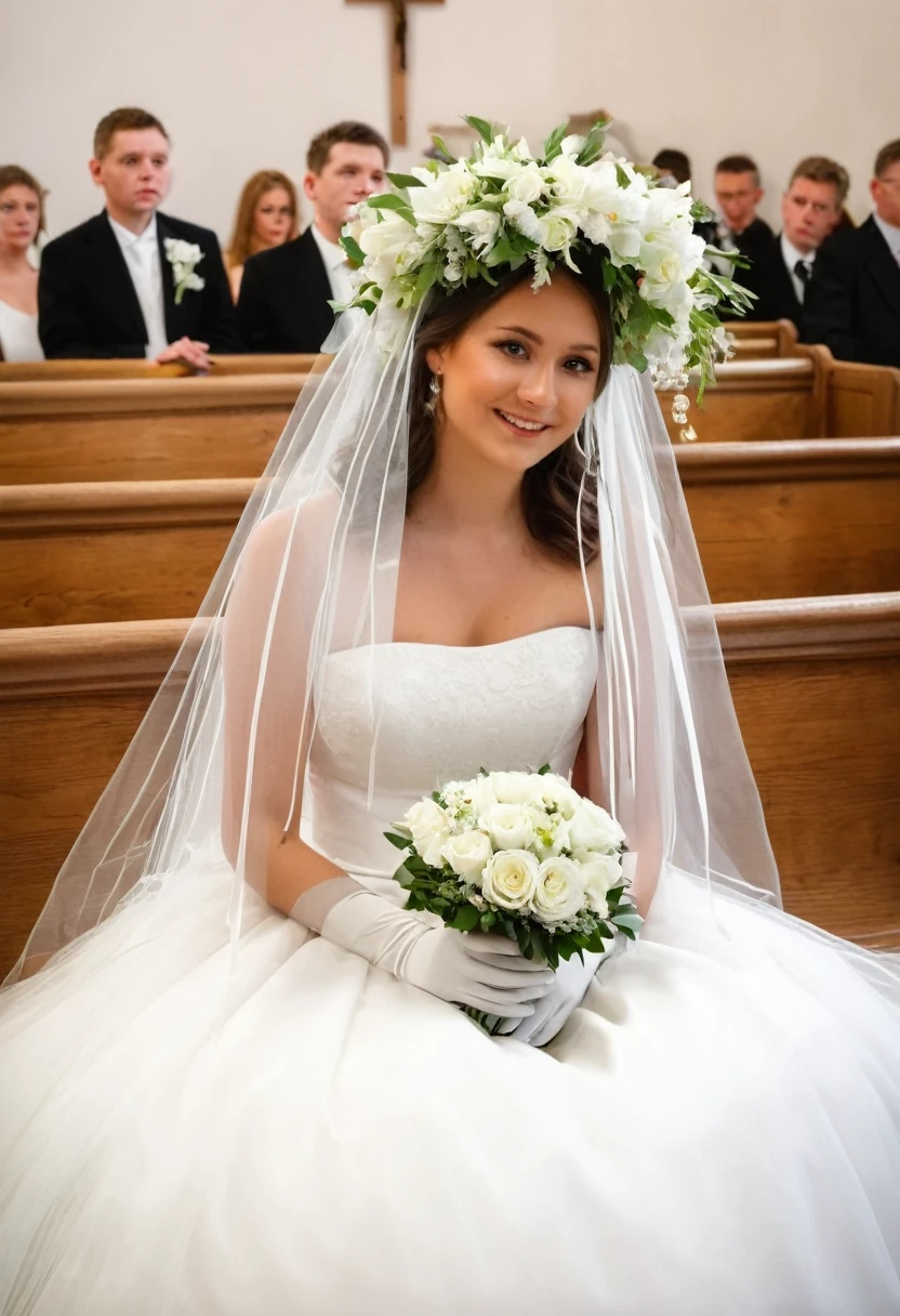 Crowd of brides in veil and wreath with white glove and bouquet of flowers gathered together sitting in church