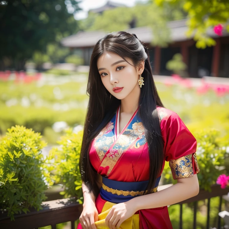 Araffe woman in bright dark jeans,  ponytail, ผู้หญิงlong hairชาวเอเชียตะวันออกเฉียงใต้ที่มีใบหน้ากลม,  Large chest measures 38 inches., Warm light, morning sun,  long hair,black eyes,abdominal muscles, The body is beautiful and strong., rounded chest, (digital painting, HDR, high contrast), 3-D, 8K, 45,000,000 pixcls,Asian girl, Gorgeous Chinese model, Japanese model, beautiful asian woman, Japanese goddess, Very beautiful girl., beautiful young woman, very beautiful woman, Attractive and beautiful, sexy girl, Asian girl, beautiful female model, jaw-dropping beauty,