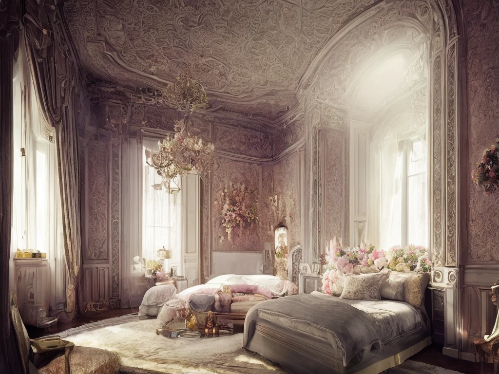 Castle bedroom with luxurious furniture and lots of flowers, intricate design, fine details, high chaos, soft sunlight, dreamy pastel colors, Johan Grenier style, Alyssa Monks style
