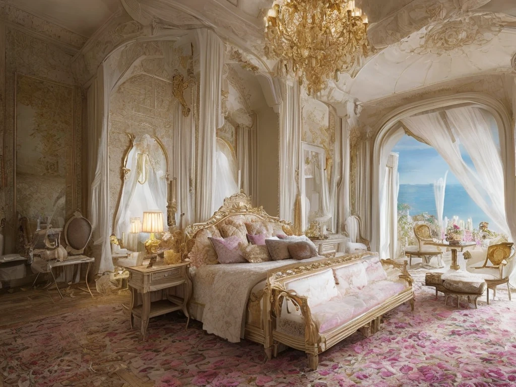 Castle bedroom with luxurious furniture and lots of flowers, intricate design, fine details, high chaos, soft sunlight, dreamy pastel colors, Johan Grenier style, Alyssa Monks style