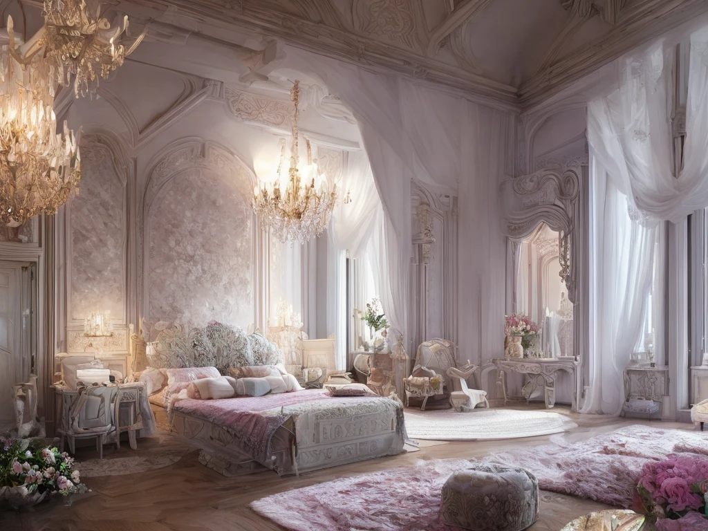 Castle bedroom with luxurious furniture and lots of flowers, intricate design, fine details, high chaos, soft sunlight, dreamy pastel colors, Johan Grenier style, Alyssa Monks style