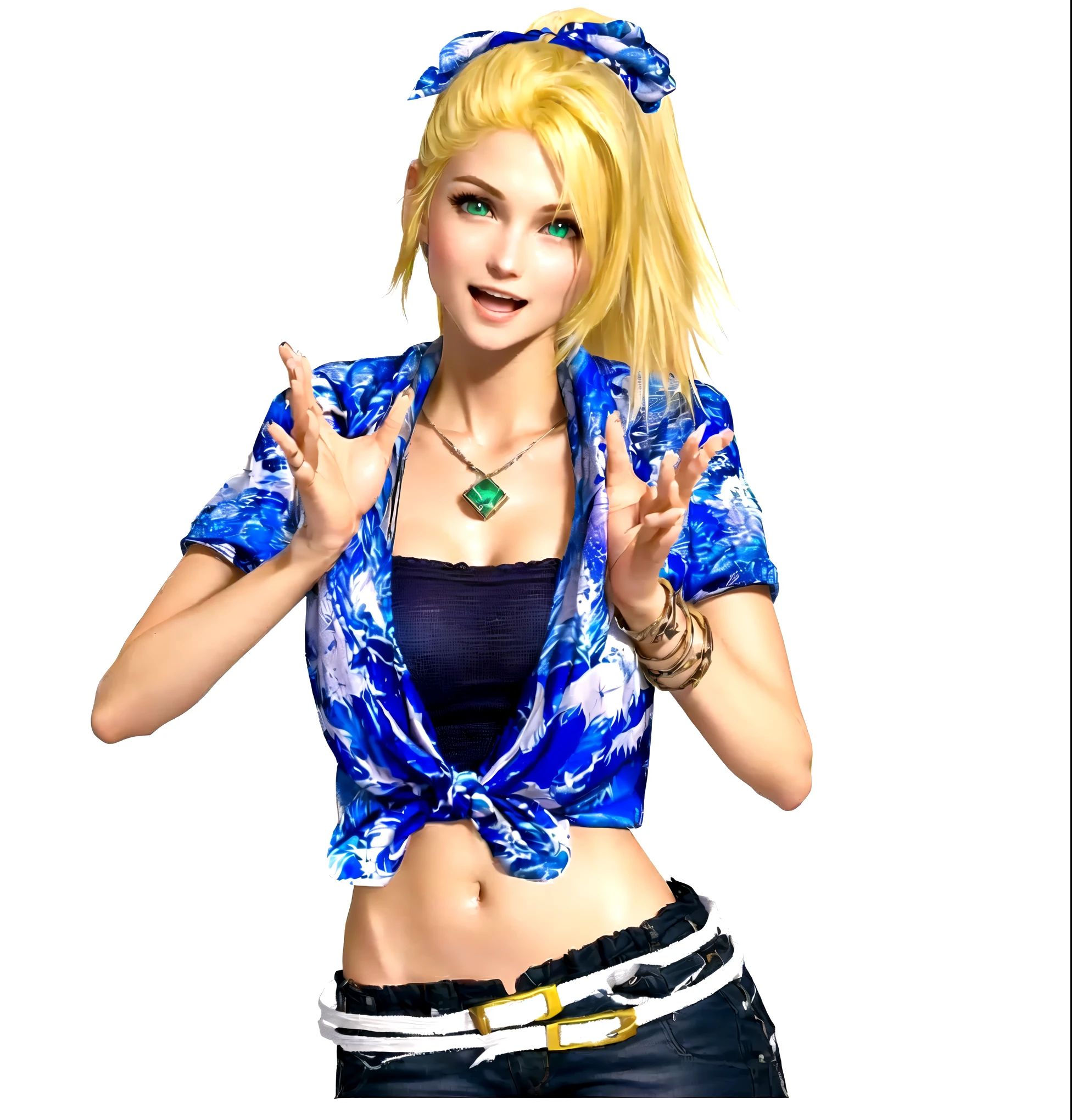 she's European, blonde hair, olive green eyes, (eyes turned to look at the camera), swedish, as a character in Out Run 2, of SEGA, 3D CG from the 2000s, Clarissa, 2k, 2 k, (( happy curious face)), realistic, render of april, fighting game character, nina from tekken, bright clean face, from devil may cry, hawaiian shirt, no bra, foulard tied on her head, ready to clap her hands, happy wide open eyes, open mouth as to shout "Bravo!",