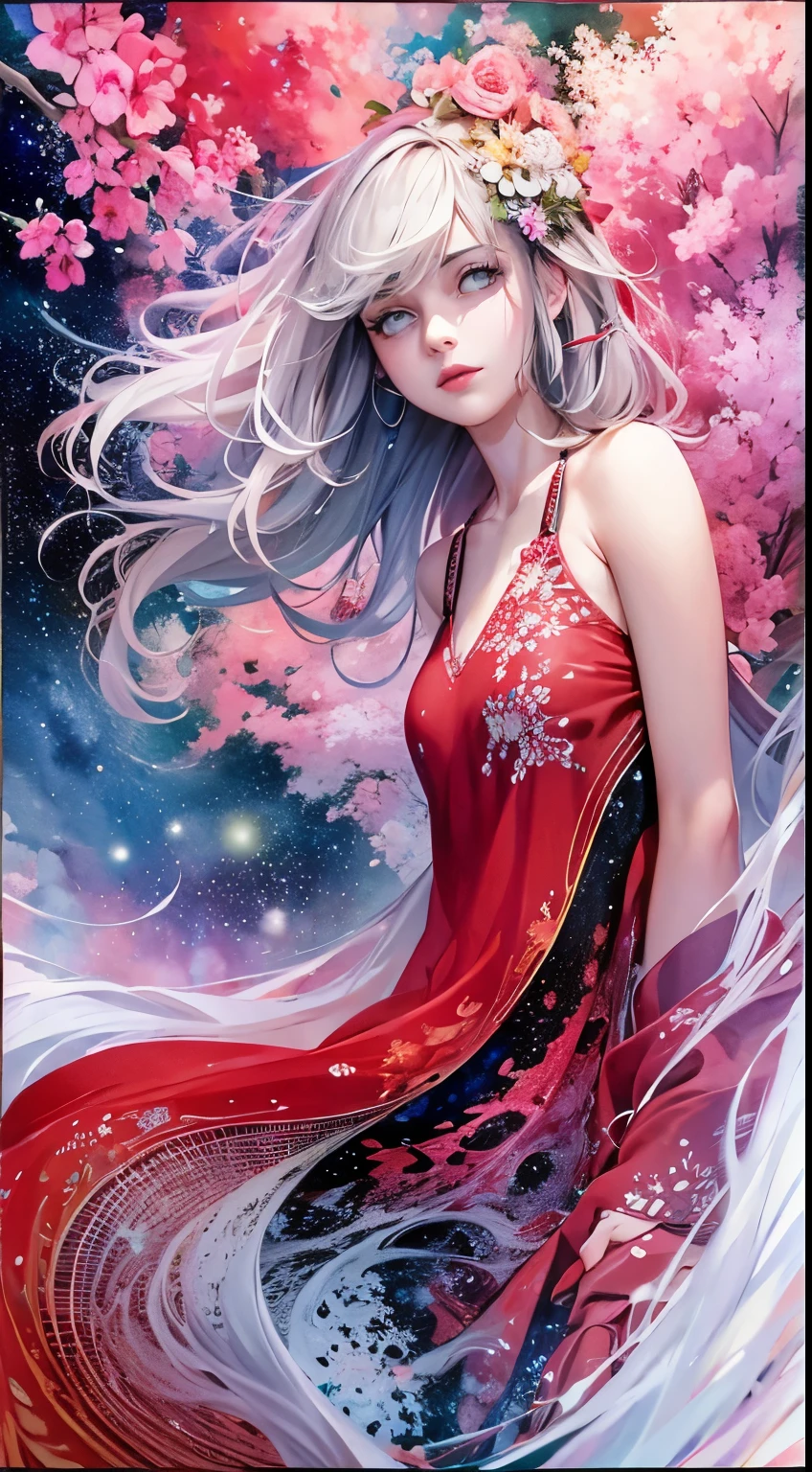 (masterpiece, top quality, best quality,watercolor (medium),official art, beautiful and aesthetic:1.2),(1girl:1.3), (fractal art:1.3), whole body, from 30-degrees angle, looking at viewer, patterns, silky hair ,water, liquid, cloud, short dress, starry, stars, sexy pose, red black and white, pastel colours