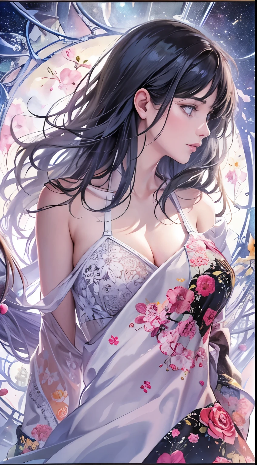 NSFW, ultra-quality, masutepiece, Perfect illustration, Extreme details (Delicate light and shadow, highly dramatic picture,)Zhong Hua, 1 girl, Solo, Hanfu, oud_Chinese_architecture, flower  field, Flowers, (White smoke:1.3) (Realistic:1.4), Zen entanglement, mandalas, Tangled, Official art, Unity 8k壁纸, super detailed, Beautiful and beautiful, masutepiece, Best Quality, (Dynamic Angle: 1.4), Glowing skin, (Floating colorful flashes: 1) The most beautiful chaotic shapes, Elegant, Brutalist design, Bright colors, romantic depth of field exotic_dance, half_Naked