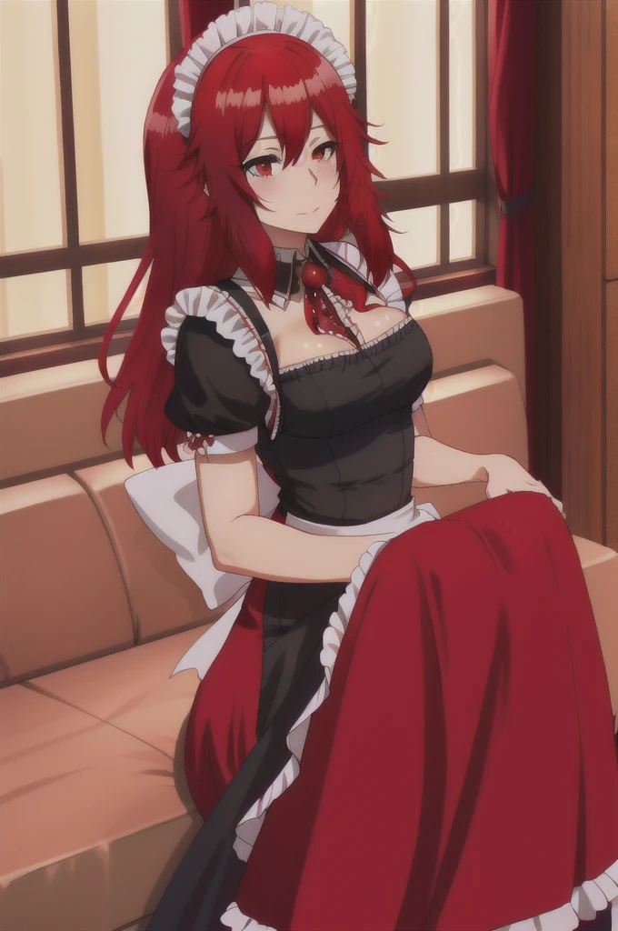 best quality, red hair,red eyes,masterpiece, highres, solo, (maid:1.40), (long maid dress:1.15),