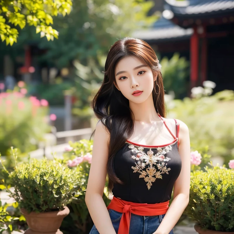 Araffe woman in bright dark jeans, ponytail, ผู้หญิงlong hairชาวเอเชียตะวันออกเฉียงใต้ที่มีใบหน้ากลม, Large chest measures 38 inches., Warm light, morning sun, long hair,black eyes,abdominal muscles, The body is beautiful and strong., rounded chest, (digital painting, HDR, high contrast), 3-D, 8K, 45,000,000 pixcls,Asian girl, Gorgeous Chinese model, Japanese model, beautiful asian woman, Japanese goddess, Very beautiful girl., beautiful young woman, very beautiful woman, Attractive and beautiful, sexy girl, Asian girl, beautiful female model, jaw-dropping beauty,