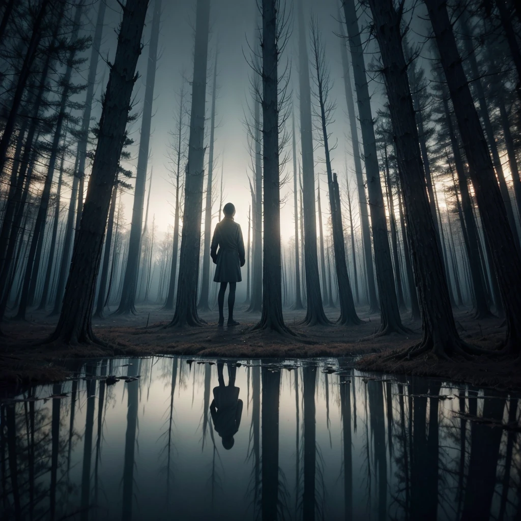 Create an ultra-realistic abstract art piece that evokes a sense of unease and contemplation without focusing on human faces. The image should feature a dark, surreal landscape with twisted, barren trees and a foggy atmosphere. In the center, place a distorted, humanoid silhouette surrounded by floating, fragmented mirrors that reflect distorted shapes and shadows. Use muted colors and sharp contrasts to enhance the eerie and unsettling mood. Incorporate symbolic elements like broken clocks, melting candles, and twisted pathways to represent confusion and disorientation. The overall scene should provoke thought and emotion, conveying a deep message about the human condition and psychological turmoil. Avoid prominent human facial features, focusing instead on abstract, symbolic representations.
