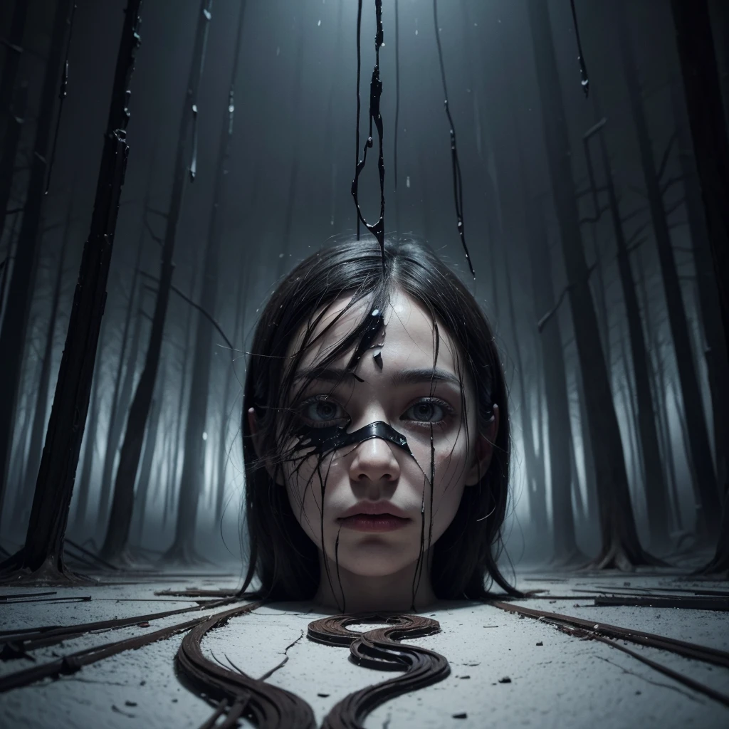 Create an ultra-realistic abstract art piece that evokes a sense of unease and contemplation without focusing on human faces. The image should feature a dark, surreal landscape with twisted, barren trees and a foggy atmosphere. In the center, place a distorted, humanoid silhouette surrounded by floating, fragmented mirrors that reflect distorted shapes and shadows. Use muted colors and sharp contrasts to enhance the eerie and unsettling mood. Incorporate symbolic elements like broken clocks, melting candles, and twisted pathways to represent confusion and disorientation. The overall scene should provoke thought and emotion, conveying a deep message about the human condition and psychological turmoil. Avoid prominent human facial features, focusing instead on abstract, symbolic representations.