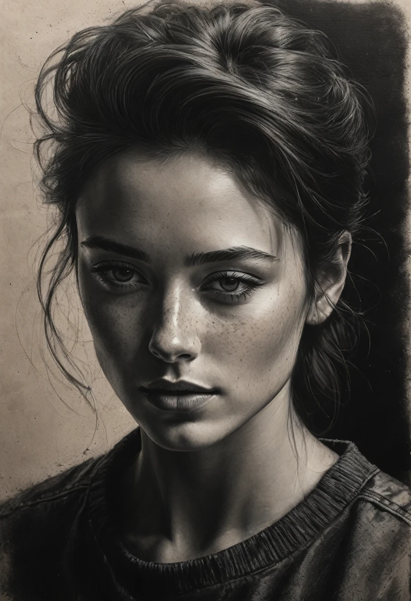 best qualityer, hyper realistic, ultra detali,realistic sketch:1.5,coal,portraite,paper texture,detailed facial features, freckles on the face, Shading and Highlights,dynamic composition,expressive traits,sharp contrast,highlights and shadows,black andwhite,Emotion and expression,Exquisite details,subtle textures,hand drawn,precise lines,fine arts,alto sharp contraste,dramatic lighting,qualified craftsmanship,aesthetic appeal,Polished finish,professionally executed