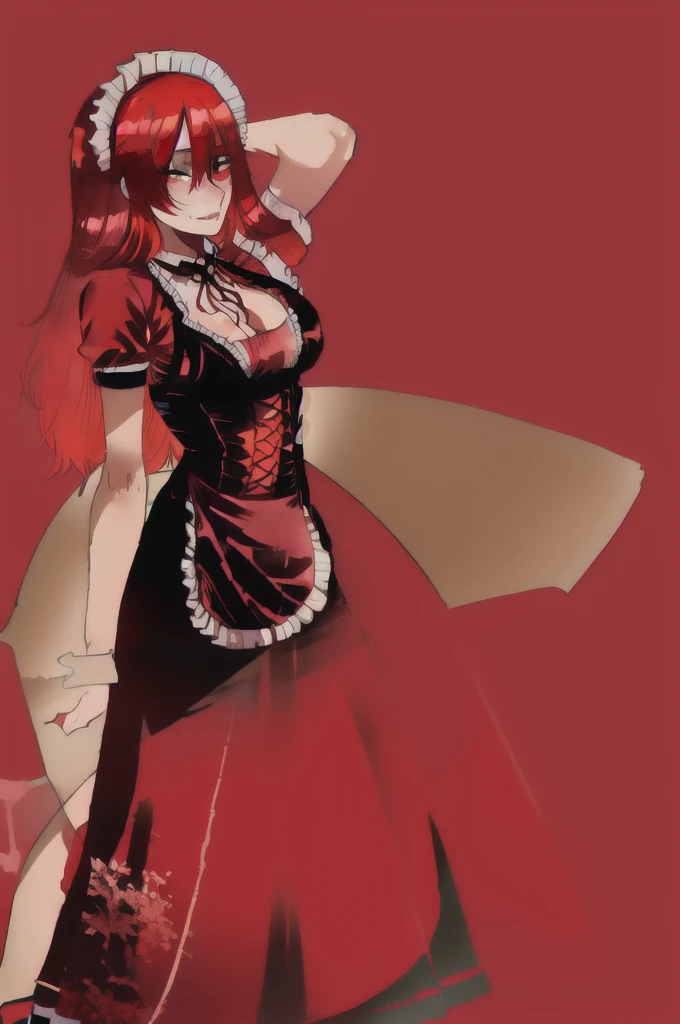 best quality, red hair,red eyes,masterpiece, highres, solo, (maid:1.40), (long maid dress:1.15),
